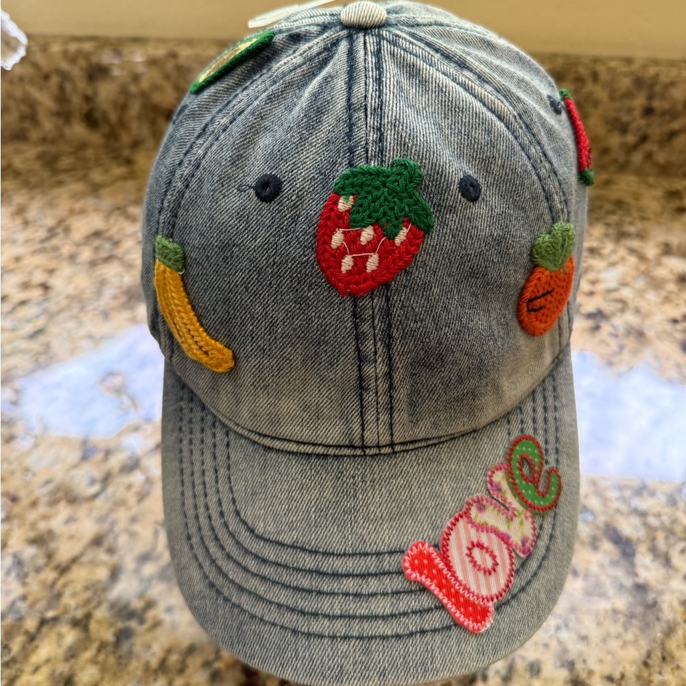 Embroidered Denim Cap with Fruit Patches